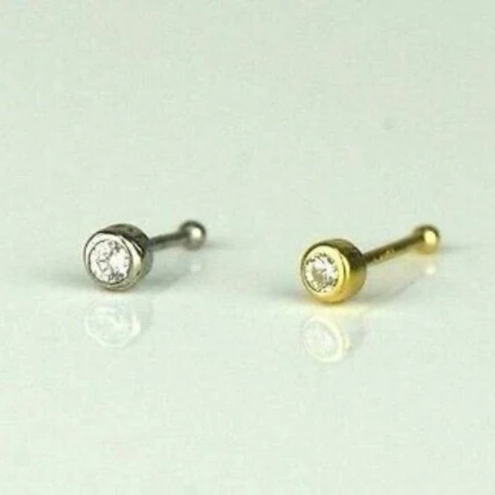 14k Solid Gold CZ Round Bezel Nose Piercing Stud for Women's Men's Body …